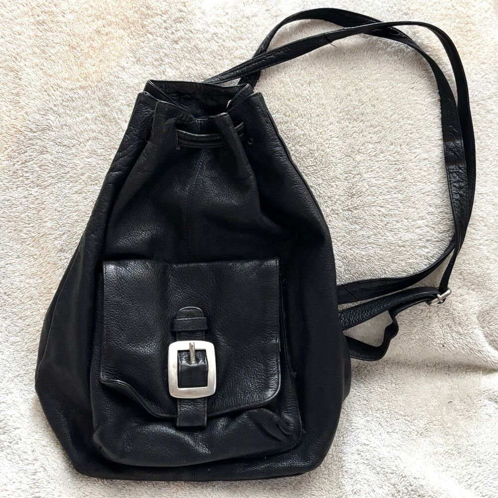 Vintage Black Leather Backpack Drawstring Sack Style Back Zip Pocket Distressed - Picture 2 of 12
